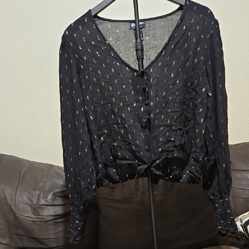 Black Long-Sleeve Blouse with Gold Dot Detail and Tie Hem